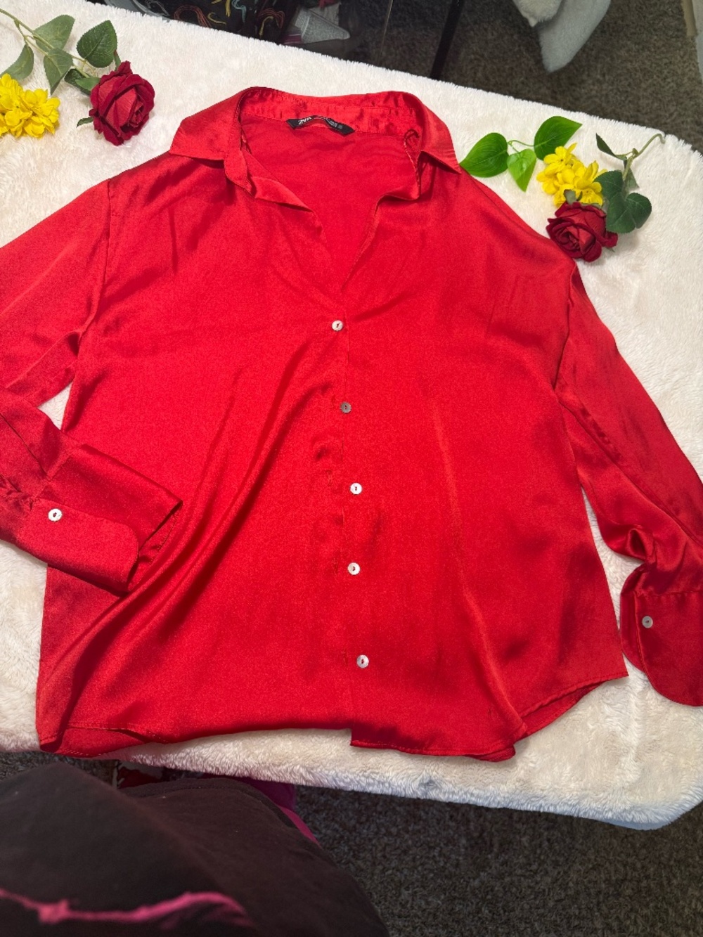 ZARA Red Satin Effect Button Down Blouse Shirt Size M............